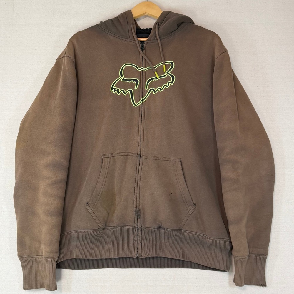 Fox Racing Sasquatch Faux Fur Lined Zip Up Hoodie Brown Mens Large Distressed